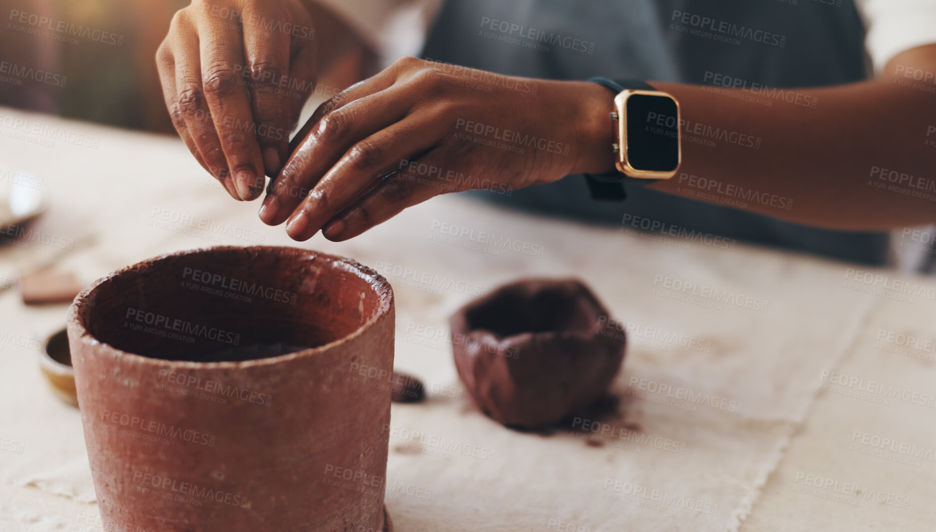 Buy stock photo Woman, hands and molding clay at workshop, design process and practice skills at studio. Professional, sculpture and carving textures for creativity, mud artist and development of ceramics crafts