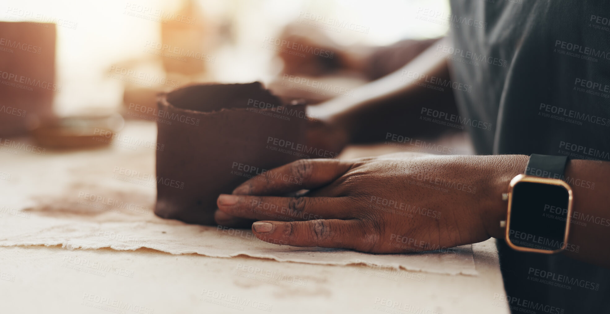 Buy stock photo Hands, sculpting and person with clay in workshop for artistic process, design or production. Creative, pottery and ceramist working on ceramic piece for startup business with manufacturing mud.