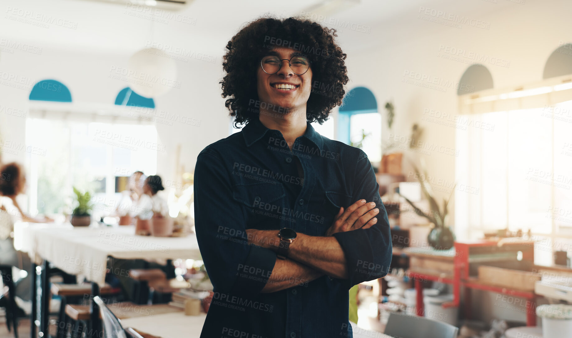 Buy stock photo Arms crossed, portrait and ceramics with man in studio for small business owner, pottery workshop or hobby. Manufacturing, sculpture class and artisan startup with person in creative gallery