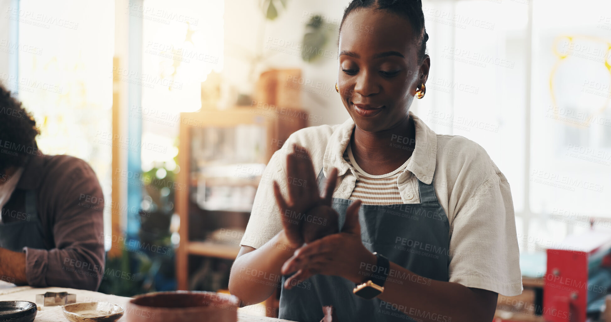 Buy stock photo Workshop, students and woman with clay for pottery, development and creative with learning in class. Process, people and hands of teacher with sculpture, mold art and skills for teaching by flare