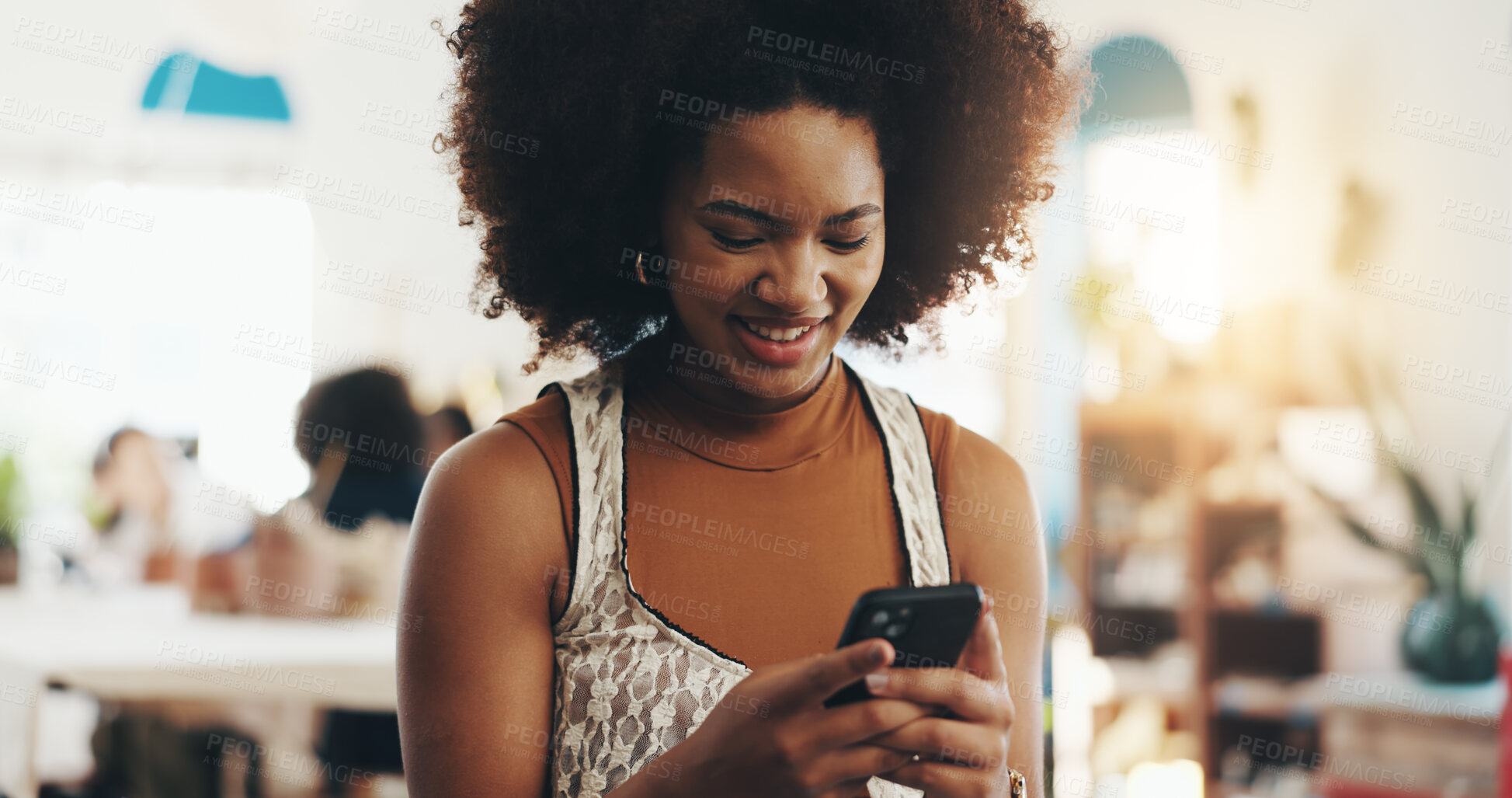 Buy stock photo Smile, phone and relax with woman in cafe for social media review, reading online and food blogger. Restaurant news, customer experience and network with person in coffee shop for reputation rating