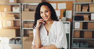 Buy stock photo Woman, smile or portrait in small business for logistics, supply chain or distribution. Happy entrepreneur, distributor or boxes in storage for export, startup growth or stock inventory for ecommerce