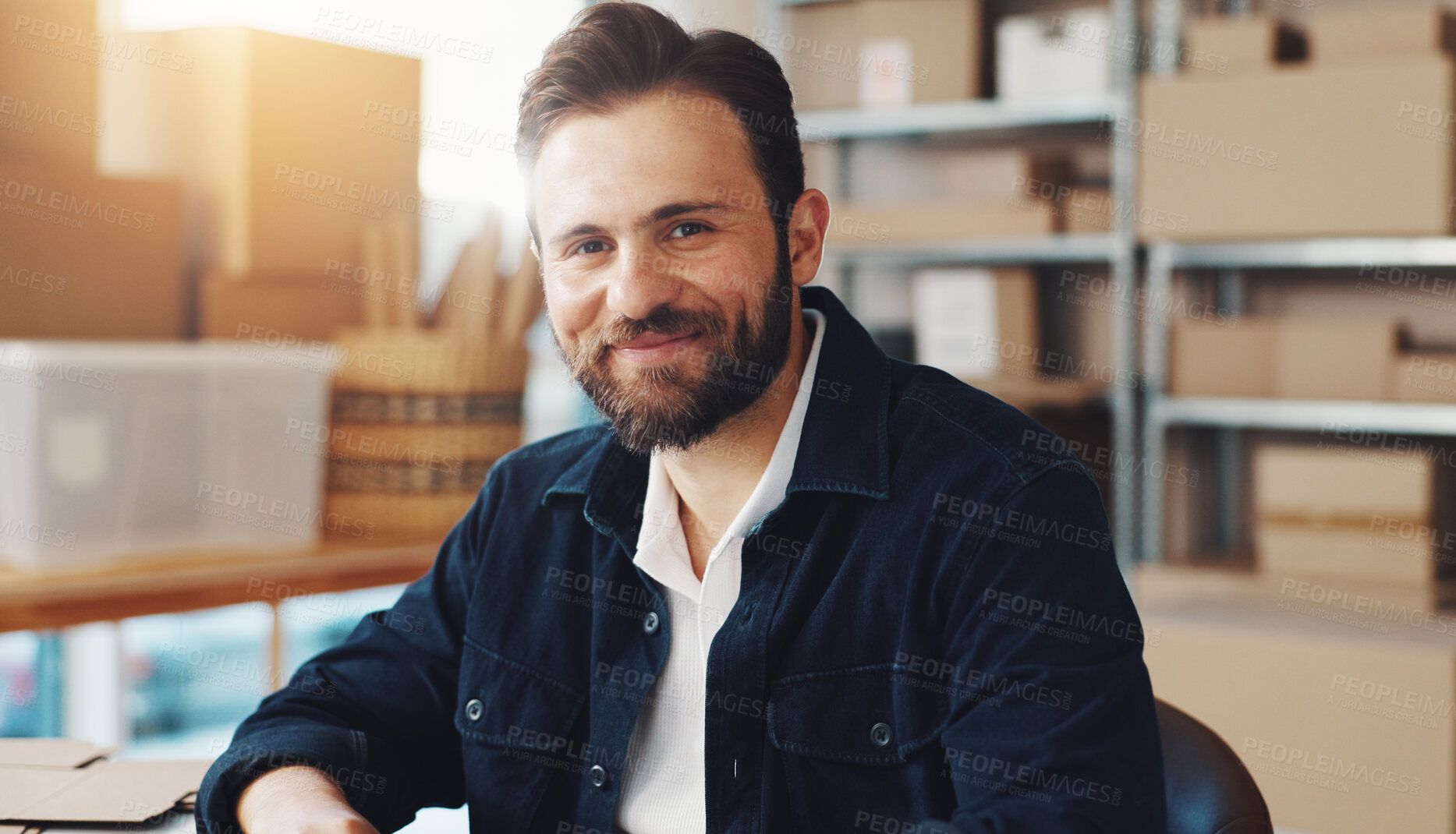 Buy stock photo Man, happy and portrait in small business for logistics, supply chain and distribution. Entrepreneur face, distributor and boxes in storage for export, startup growth or stock inventory for ecommerce