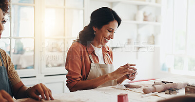 Buy stock photo Workshop, smile and women with clay for pottery, development and creative with learning in class. Process, people and teacher by flare with sculpture, mold art and lesson with skills for teaching
