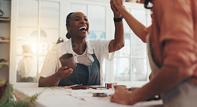 Buy stock photo Women, high five and celebration with clay for pottery, goals and success with results at workshop. People, cheers and smile with support, motivation and yes for progress with sculpture in class