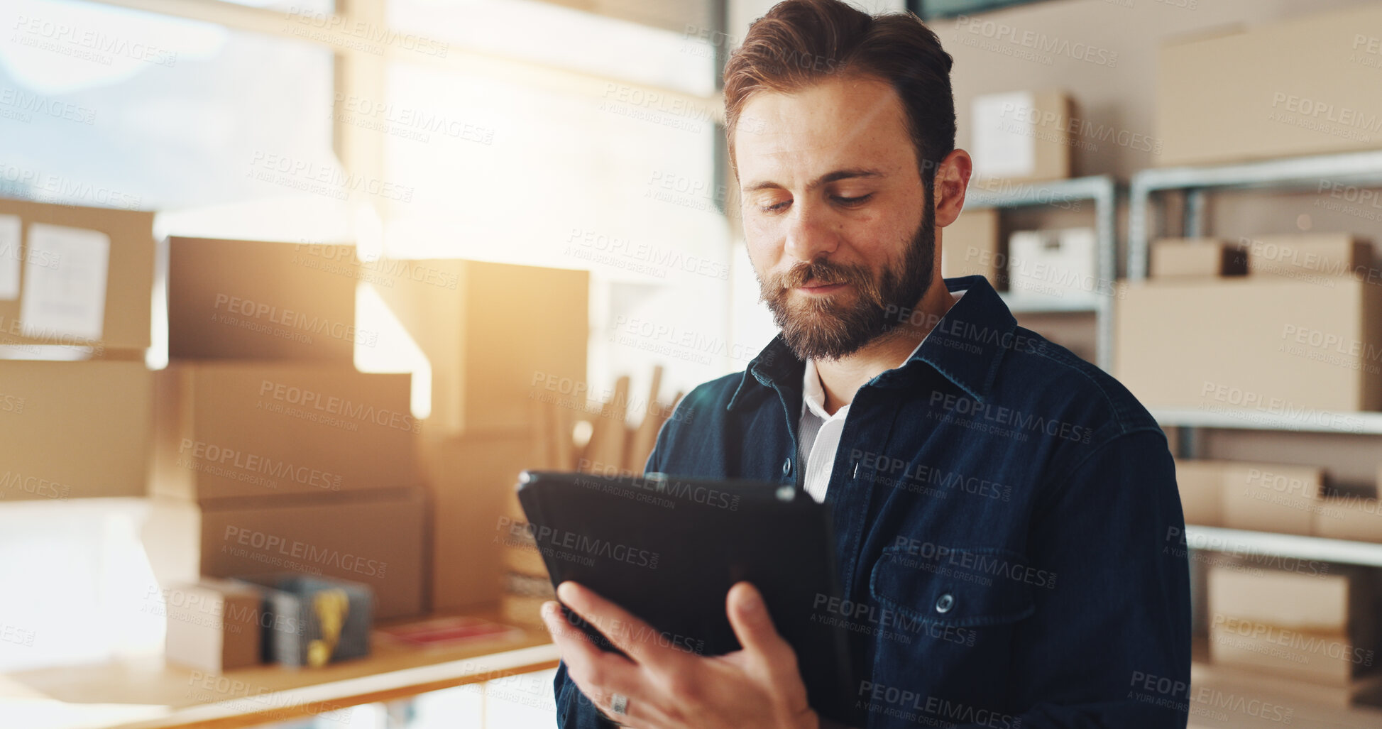 Buy stock photo Man, typing and tablet with boxes for distribution of online orders, inventory checklist and stock shipping. Male person, digital and ecommerce for logistics, review supply chain and package delivery