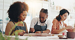 Women, together and teacher at pottery class with guide, development or creativity at workshop. People, listening and advice with course, lesson and diversity with tools for sculpture in art studio