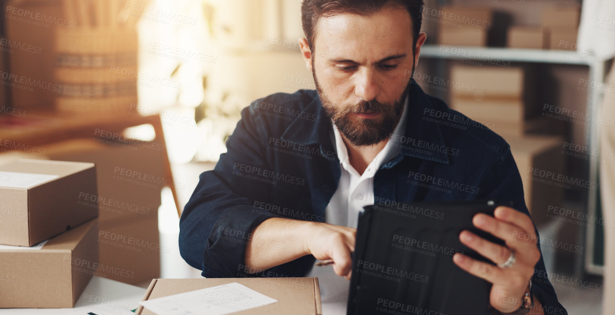 Buy stock photo Man, typing and box with tablet for distribution of online orders, inventory checklist and stock shipping. Male person, digital and ecommerce with logistics, supply chain invoice and package delivery