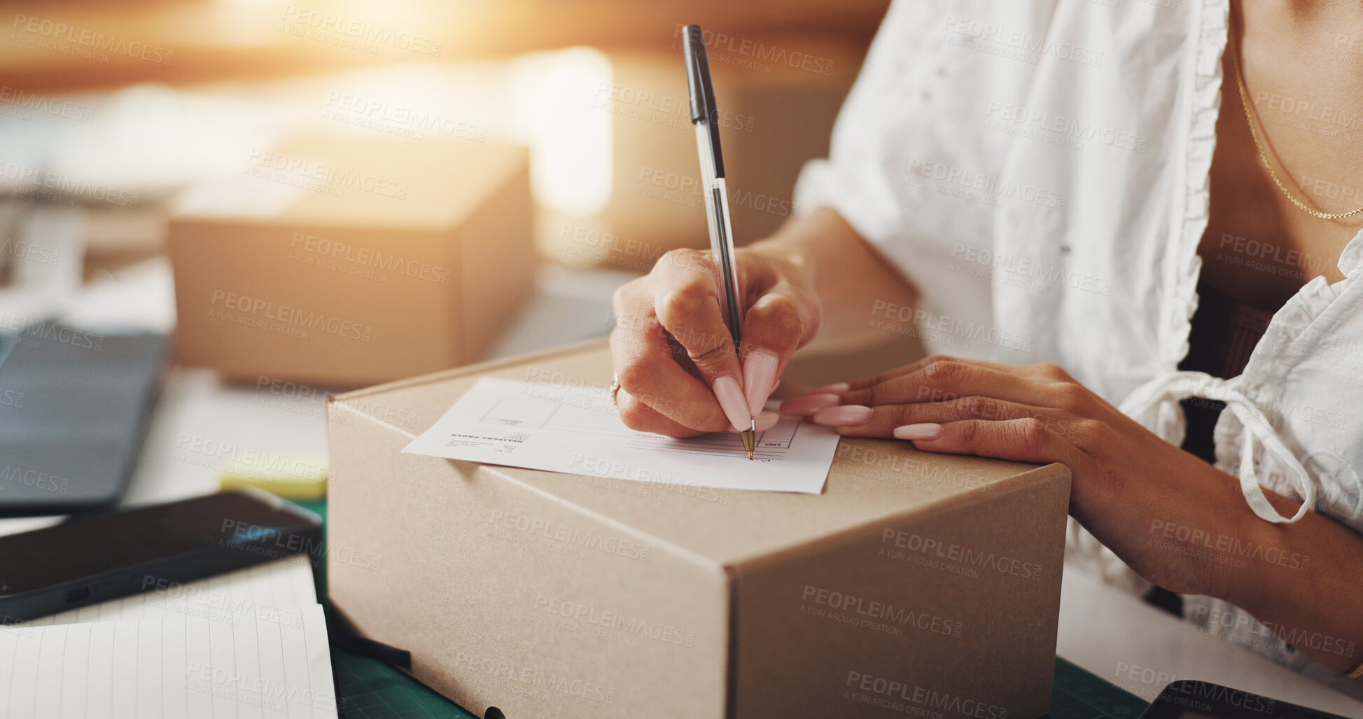 Buy stock photo Hands, woman and box for writing note with distribution of online orders, invoice and shipping information. Person, paper and ecommerce label with package delivery, payment sticker and small business