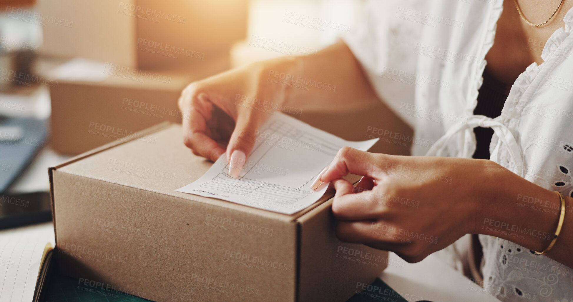 Buy stock photo Hands, woman and box with label for distribution of online orders, invoice and shipping information. Person, packaging and ecommerce  receipt for package delivery, payment sticker and small business
