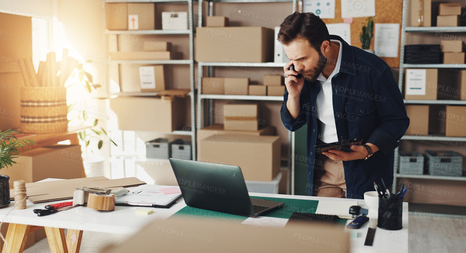 Buy stock photo Business boxes, laptop and man with phone call for online order, delivery tracking or shipping inventory. Distribution, ecommerce and person with tablet for client package, customer service or export