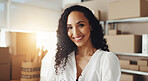 Woman, happy and portrait in small business for logistics, supply chain or distribution. Entrepreneur face, distributor or boxes in storage for export, startup growth or stock inventory for ecommerce