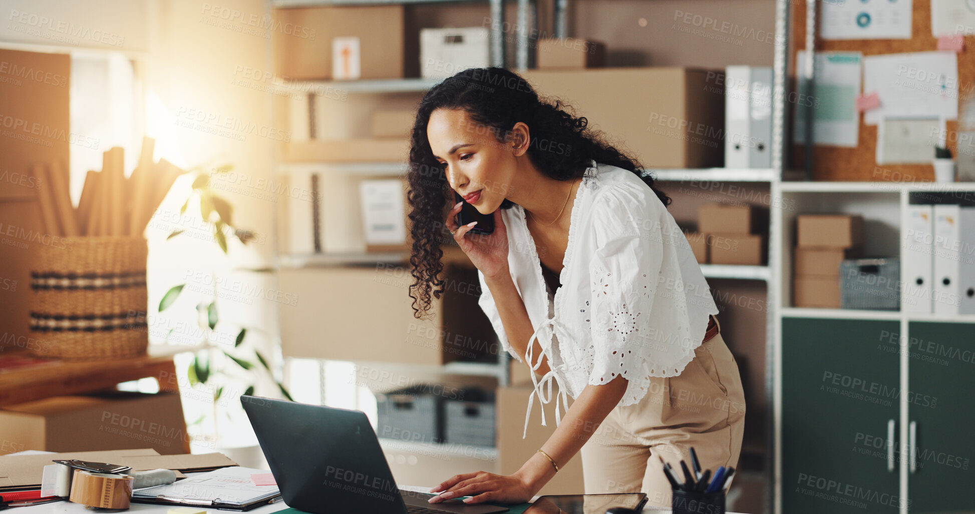 Buy stock photo Business boxes, laptop and woman with phone call for online order, tracking shipment or inventory checklist. Distribution, ecommerce and owner with tech for client package, customer service or export