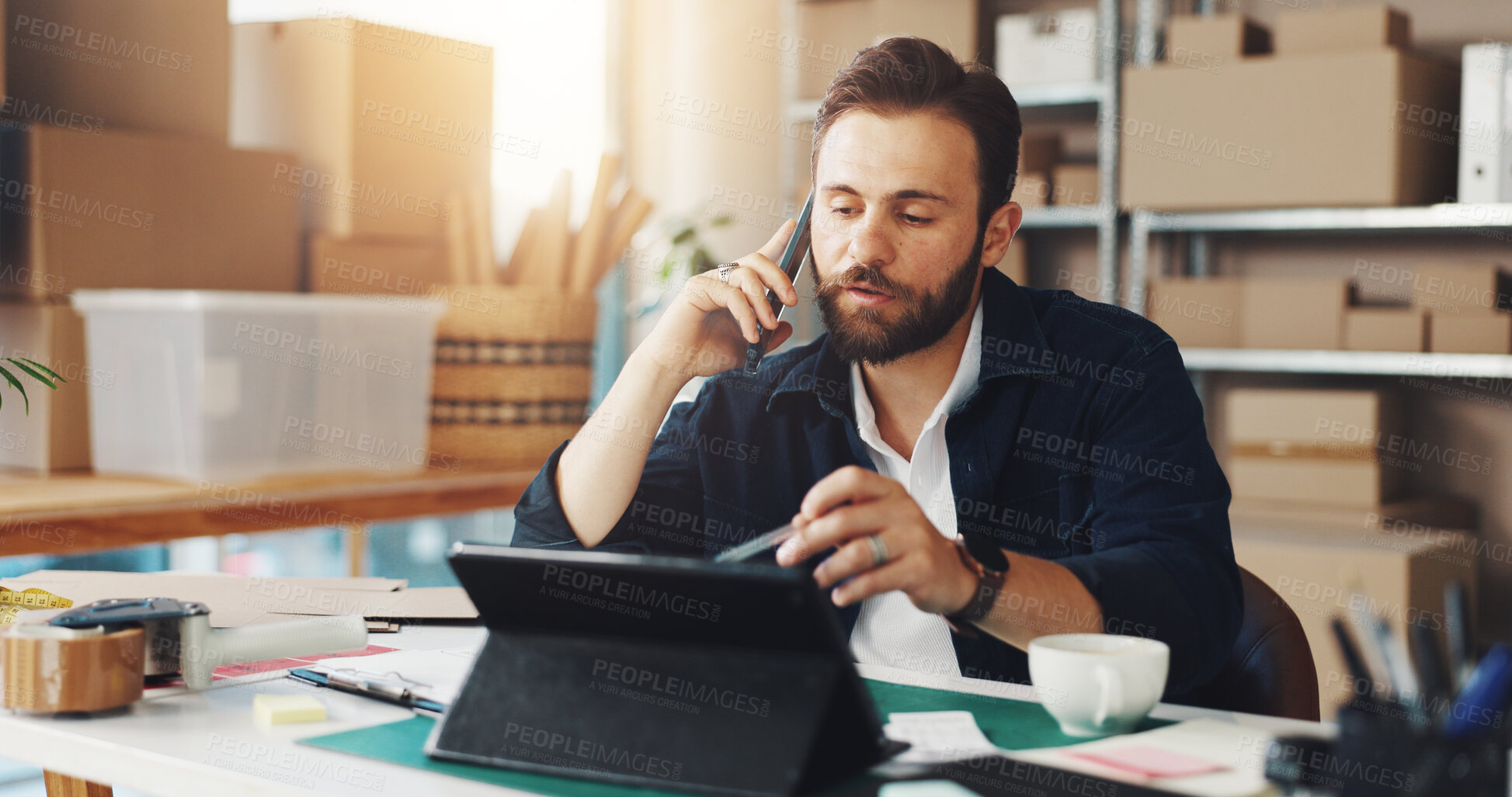 Buy stock photo Phone call, online shop business and man with tablet for client order, shipping feedback and supply chain. Dropshipping, ecommerce and person with digital checklist for package distribution or export