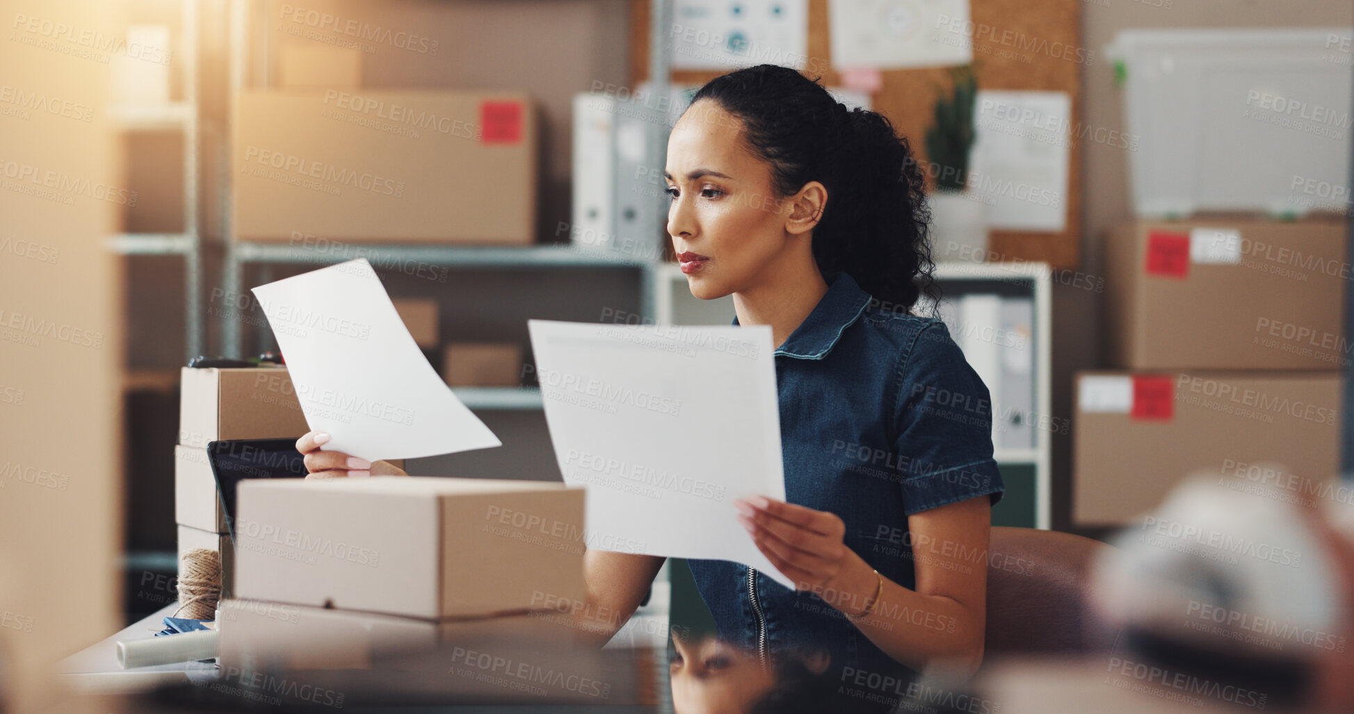 Buy stock photo Woman, logistics or documents with invoice for shipping cost or delivery expense at warehouse. Female person, distributor or inspection with paperwork for supply chain, budget or checking references