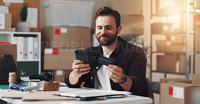 Buy stock photo Happy man, phone or online shopping with credit card for logistics, ecommerce or buying stock at warehouse. Male person, distributor or wireless payment on mobile smartphone for distribution business