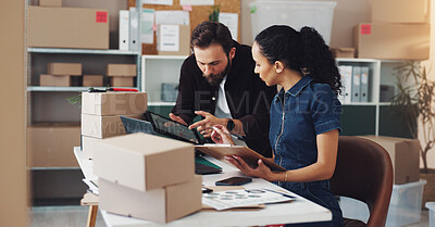 Buy stock photo Man, woman and tablet for logistics, boxes and planning with order, stock and delivery information in warehouse. People, talk and supply chain management with app, distribution and shipping at plant