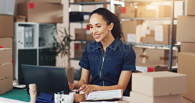 Buy stock photo Laptop, happy woman and logistics in office, ecommerce business and reading email for inventory. Computer, worker and communication for shipping, stock or distribution schedule for sales in startup