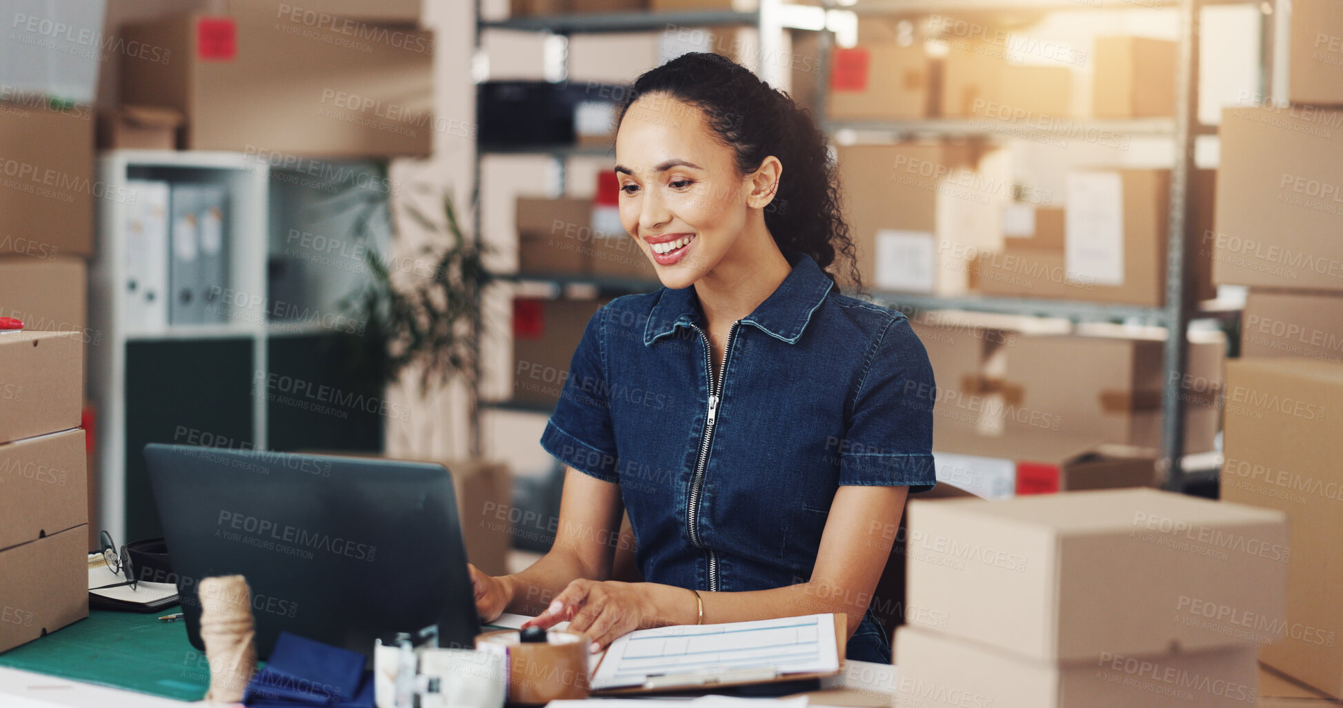 Buy stock photo Laptop, happy woman and logistics in office, ecommerce business and reading email for inventory. Computer, worker and communication for shipping, stock or distribution schedule for sales in startup