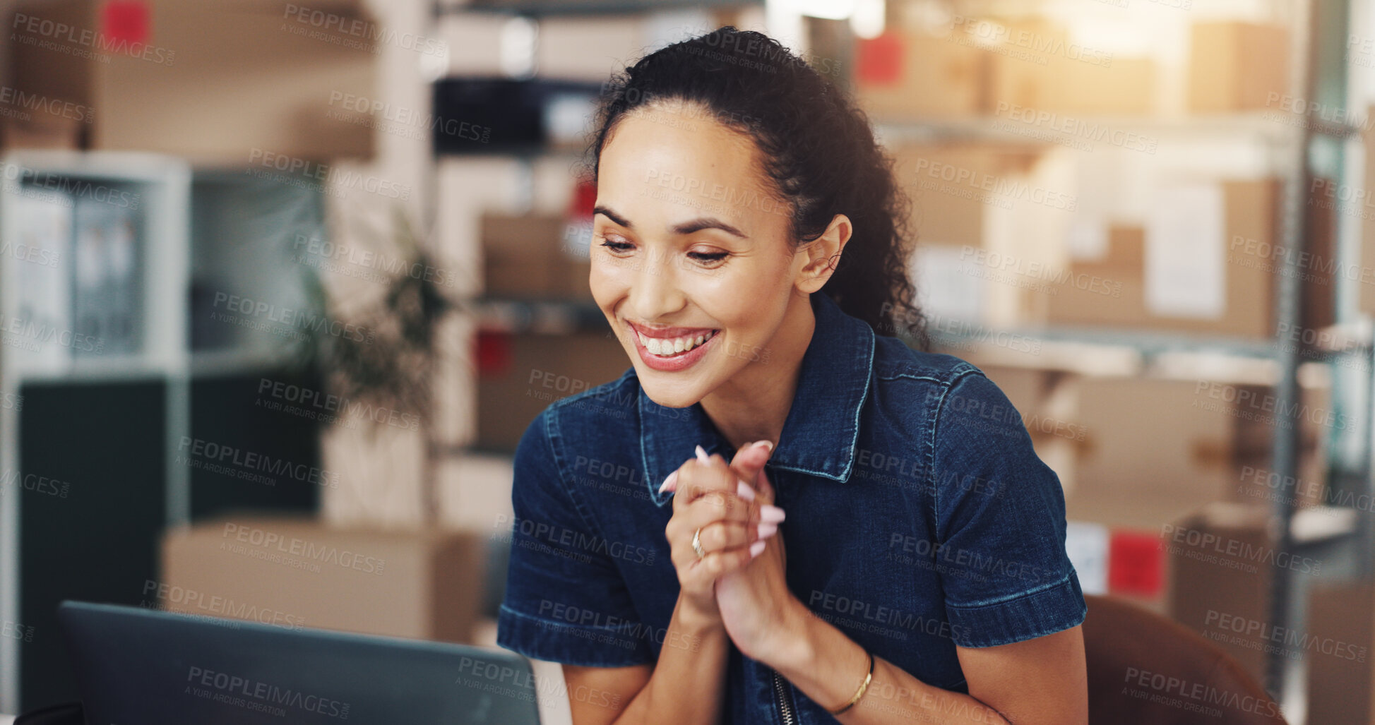 Buy stock photo Happy woman, laptop and logistics with good news for supply chain, distribution or winning at warehouse. Excited, female person or distributor with smile on computer for delivery or free shipping