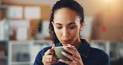 Buy stock photo Thinking, woman and coffee with boxes of startup, ecommerce ideas and planning delivery. Female person, beverage and reflection of package shipping, logistics process and supply chain of distribution