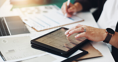 Buy stock photo Person, hands and writing with tablet for logistics, checklist or shipping expenses at office desk. Closeup, distributor or screen with technology for inventory, price or financial budget for stock