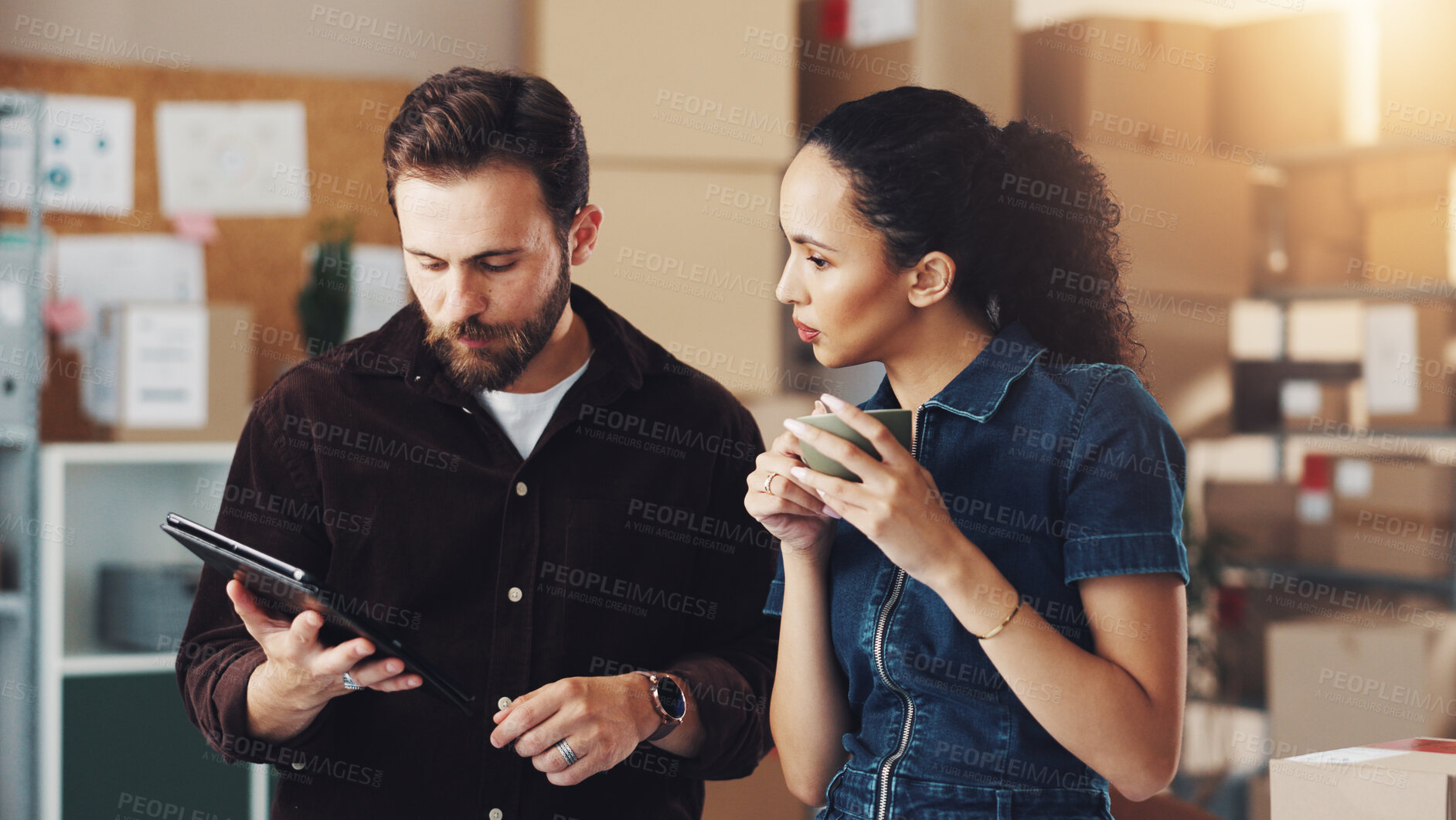 Buy stock photo Discussion, tablet and man and woman with boxes for ecommerce business, distribution and logistics. Teamwork, meeting and people on digital tech for online inventory, planning and supply chain