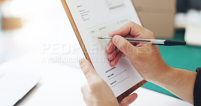 Buy stock photo Person, hands or writing with clipboard for logistics, checklist or shipping expenses at warehouse. Closeup, distributor or employee with invoice for inventory, price or financial budget for stock