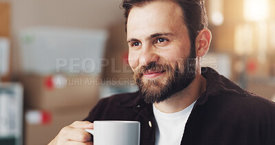 Buy stock photo Thinking, man and coffee with boxes for business, ecommerce idea and planning delivery. Person, beverage drink and reflection with package shipping, logistics process and supply chain of distribution