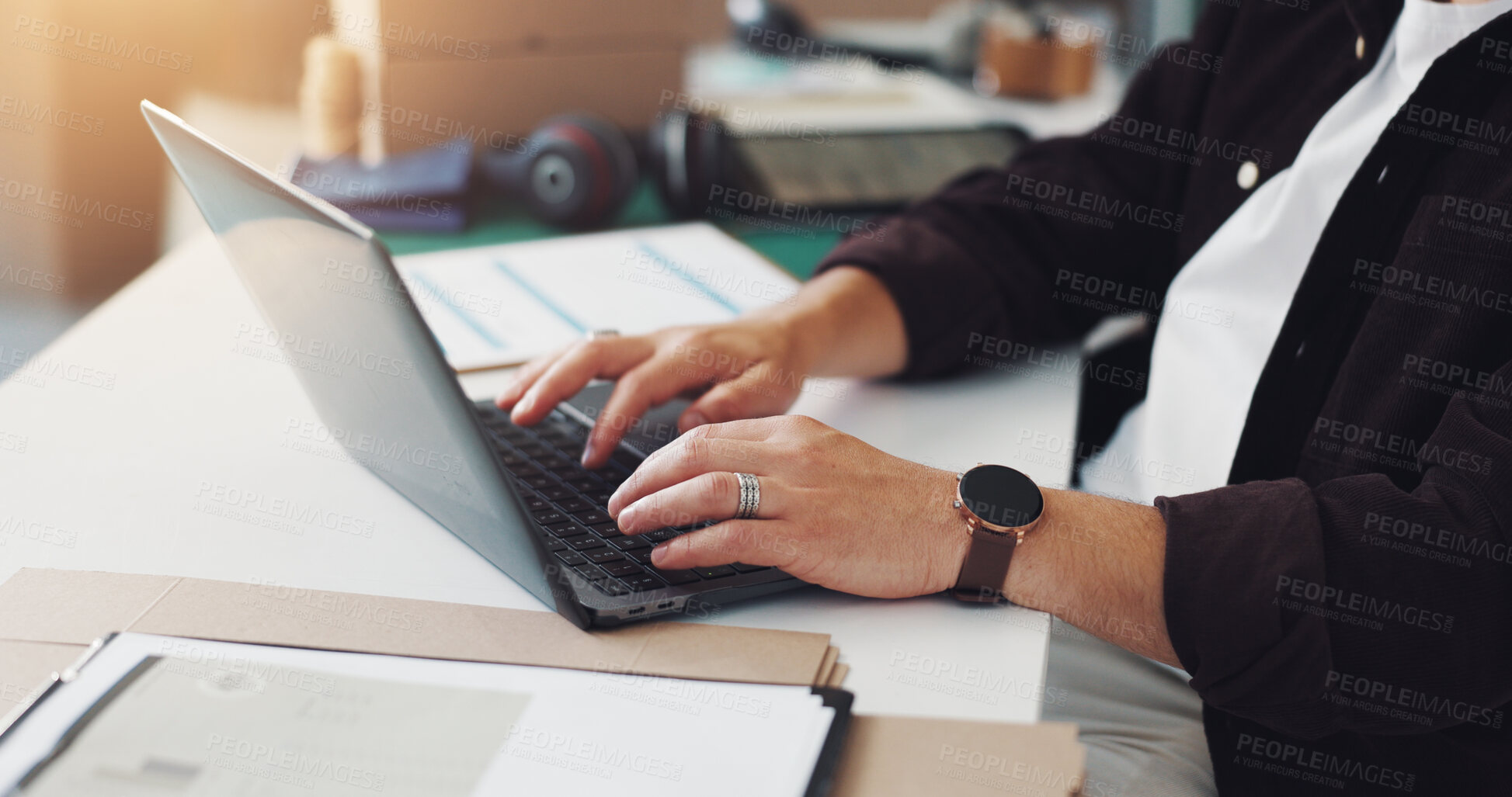 Buy stock photo Person, hands or typing with laptop for logistics, checklist or checking online stock at warehouse. Closeup, distributor or employee with computer for inventory, distribution or delivery schedule