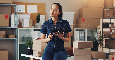 Buy stock photo Thinking, boxes and woman on tablet for supply chain, distribution and ecommerce business. Professional, logistics and person on digital tech for online inventory, delivery and shipping for packages