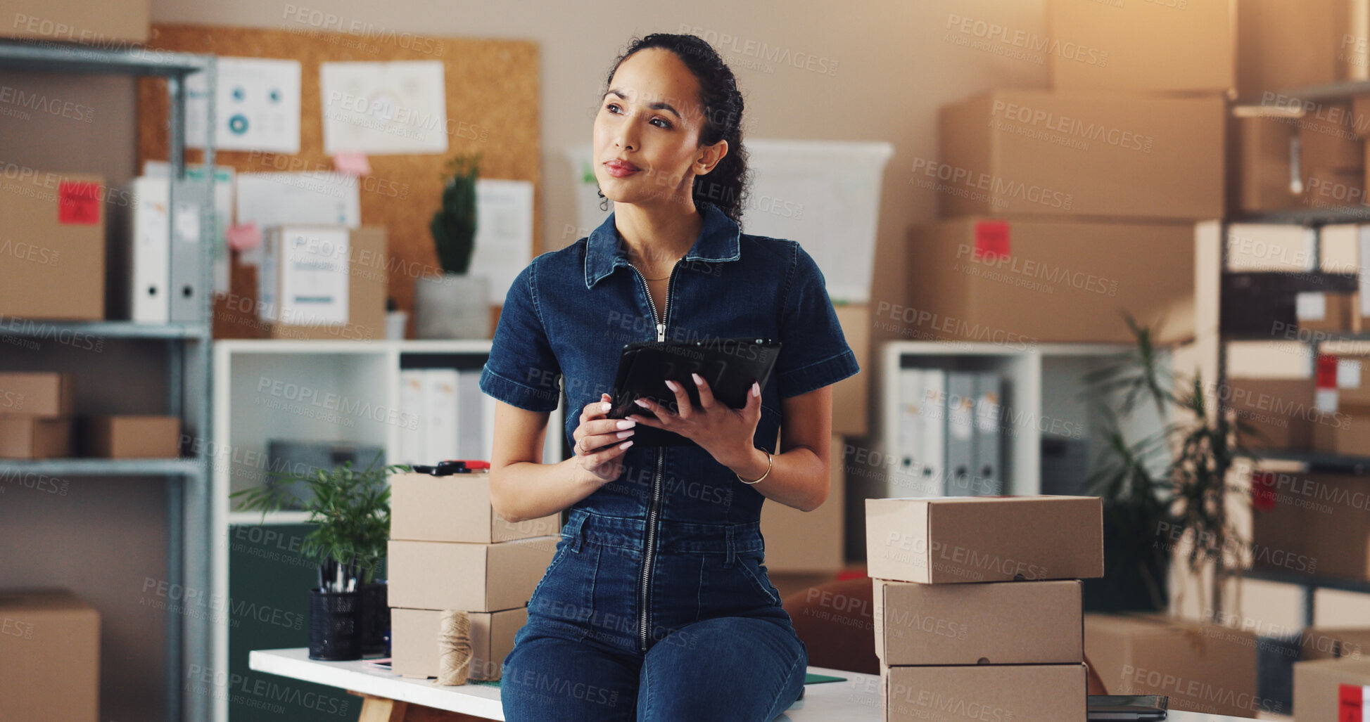 Buy stock photo Thinking, boxes and woman on tablet for supply chain, distribution and ecommerce business. Professional, logistics and person on digital tech for online inventory, delivery and shipping for packages