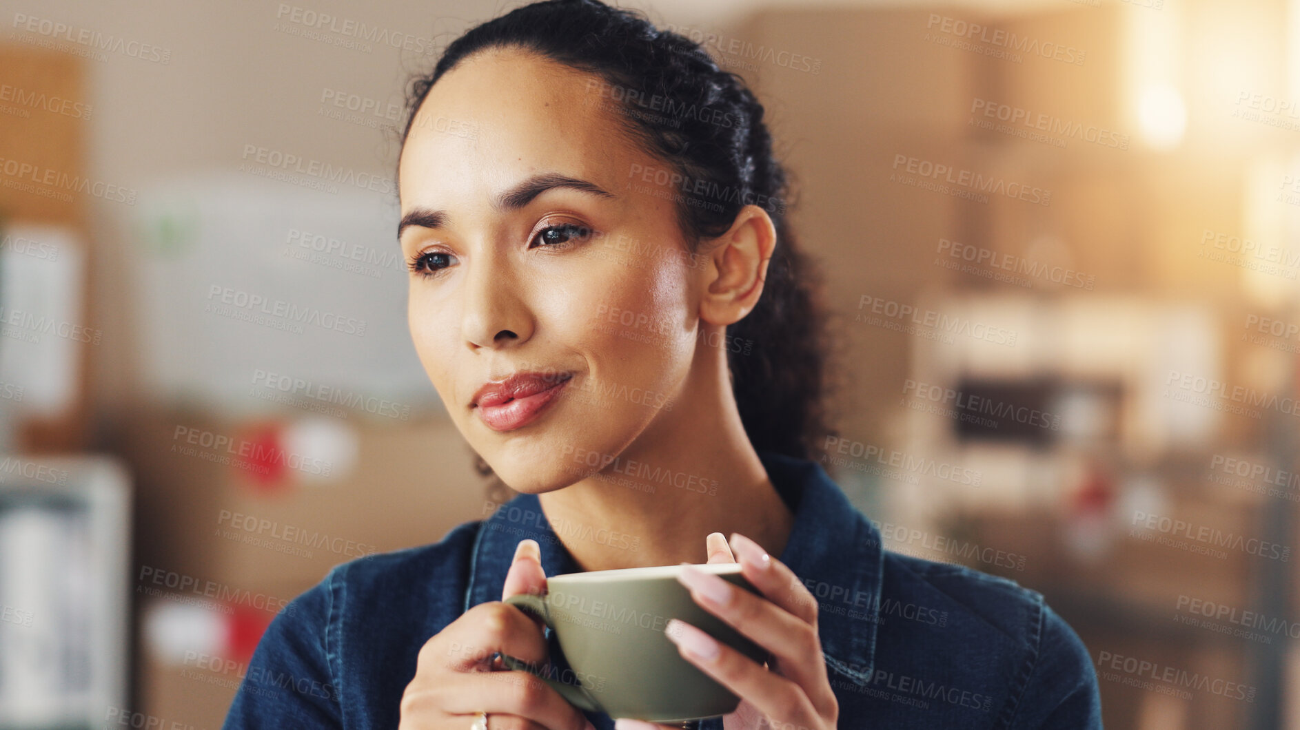 Buy stock photo Thinking, woman and coffee with boxes for business, ecommerce idea and planning delivery. Person, beverage drink and reflection of package shipping, logistics process and supply chain of distribution