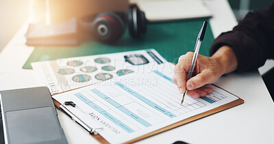 Buy stock photo Person, hands or writing with clipboard for delivery checklist, logistics or online orders ready for shipping at warehouse. Closeup, distributor or employee with notes for distribution or freight