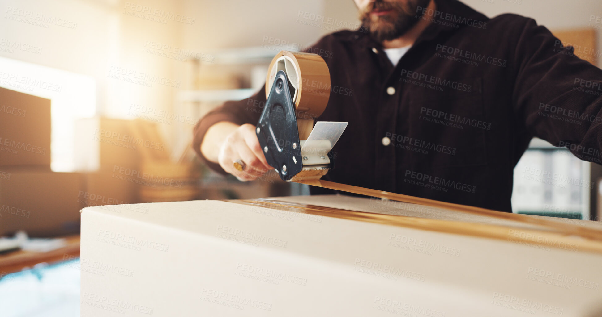 Buy stock photo Shipping, box and tape with hands of person for freight product, dropshipping and cargo stock. Packaging, distribution and courier parcel with closeup of employee in factory for export delivery