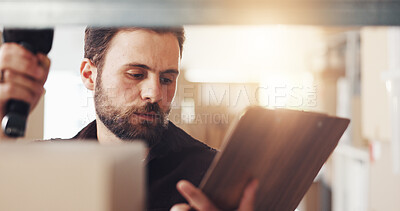 Buy stock photo Checklist, boxes and man with scanner for logistics, stock check or inventory in startup. Barcode reader, clipboard and shipping worker with supply chain, cargo or freight inspection for distribution
