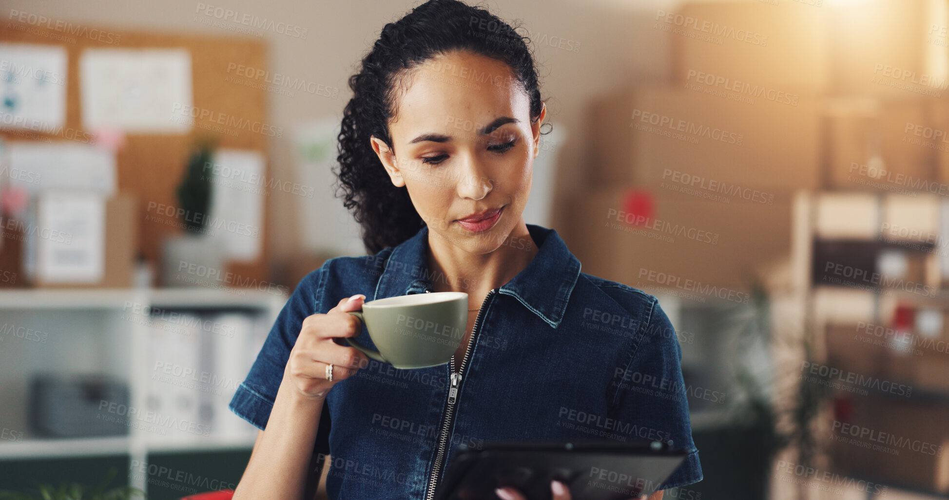 Buy stock photo Woman, coffee and tablet with boxes for business, ecommerce orders and planning delivery. Person, beverage and digital for package shipping, logistics schedule and stock supply chain of distribution 