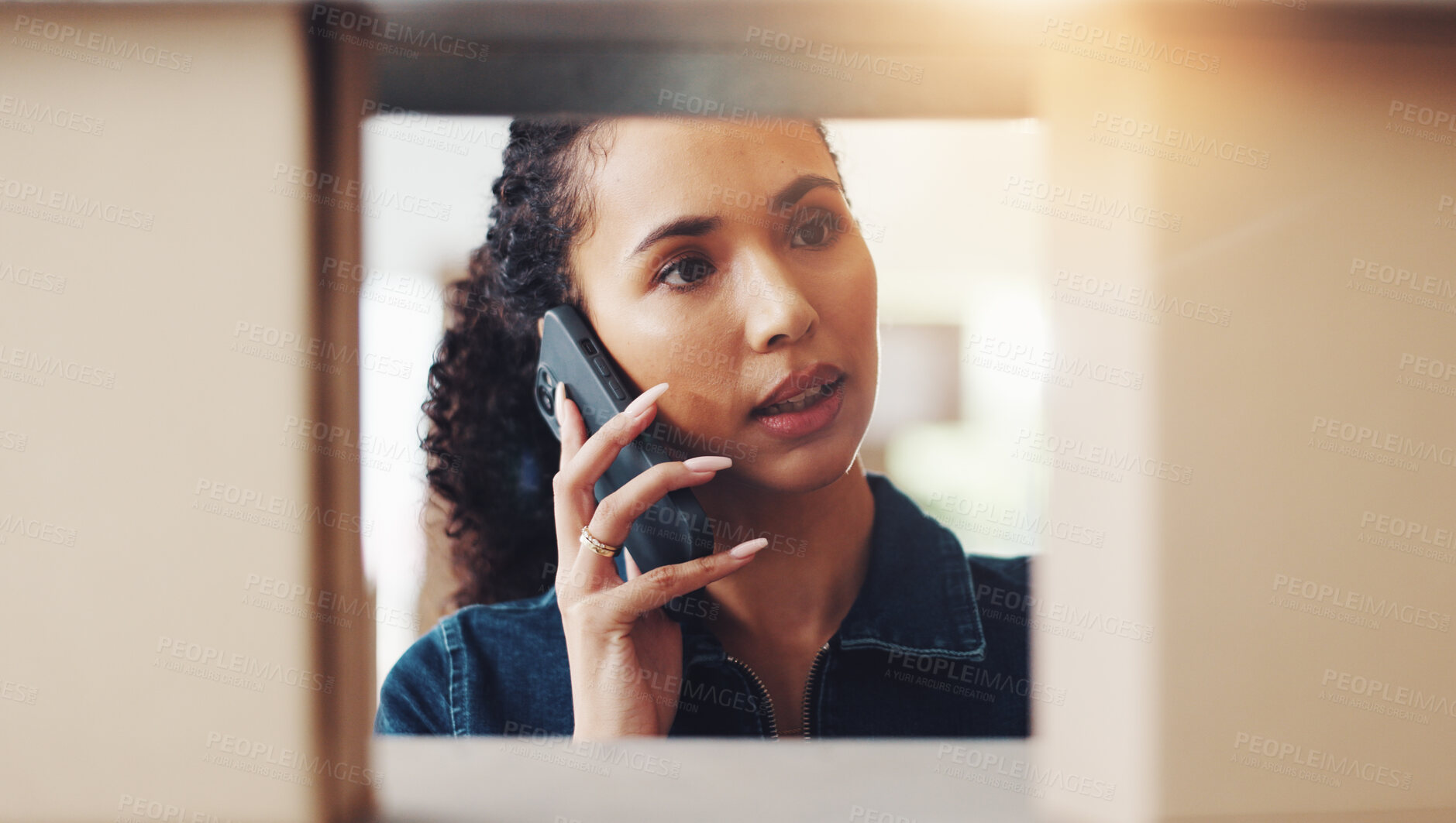 Buy stock photo Phone call, distribution and woman with boxes, business and talk to supplier for inventory in startup. Mobile, worker and shipping, stock check and logistics inspection for update at warehouse shelf