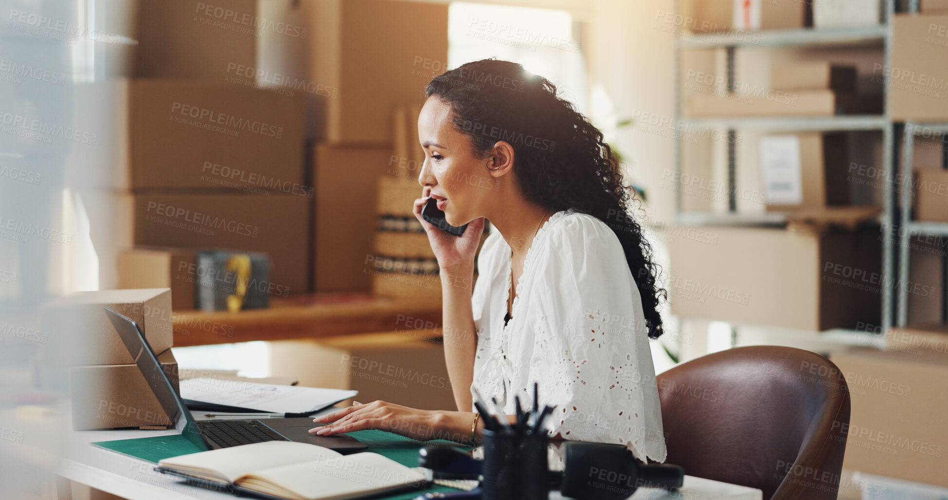 Buy stock photo Talking, boxes and woman with phone call on laptop for stock order, supply chain and delivery checklist. Small business, shipping and person with discussion for client package, online shop and export
