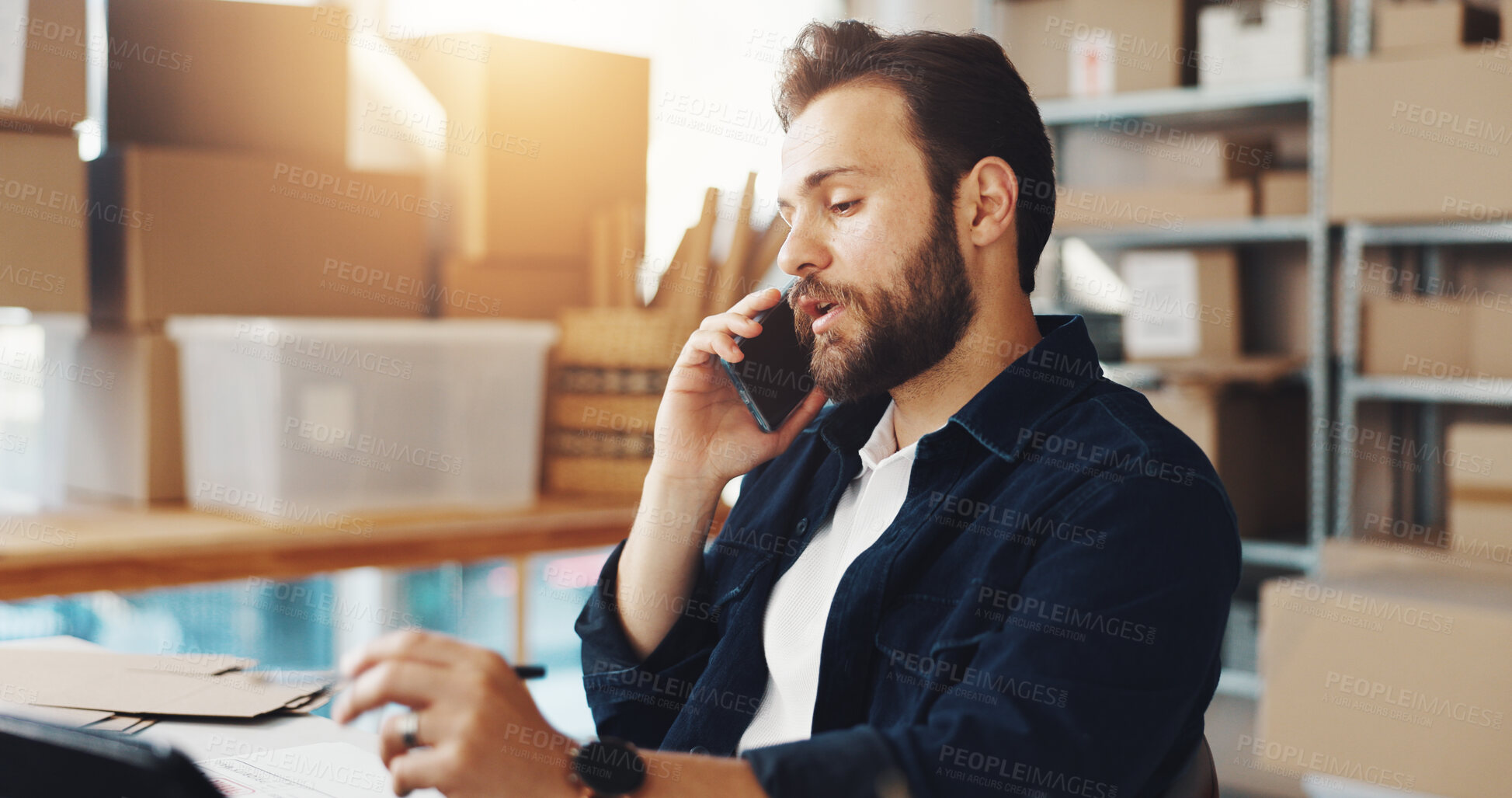 Buy stock photo Business boxes, distribution and man with phone call for online order, delivery tracking or inventory shipping. Supply chain, ecommerce and discussion for client package, customer service and export