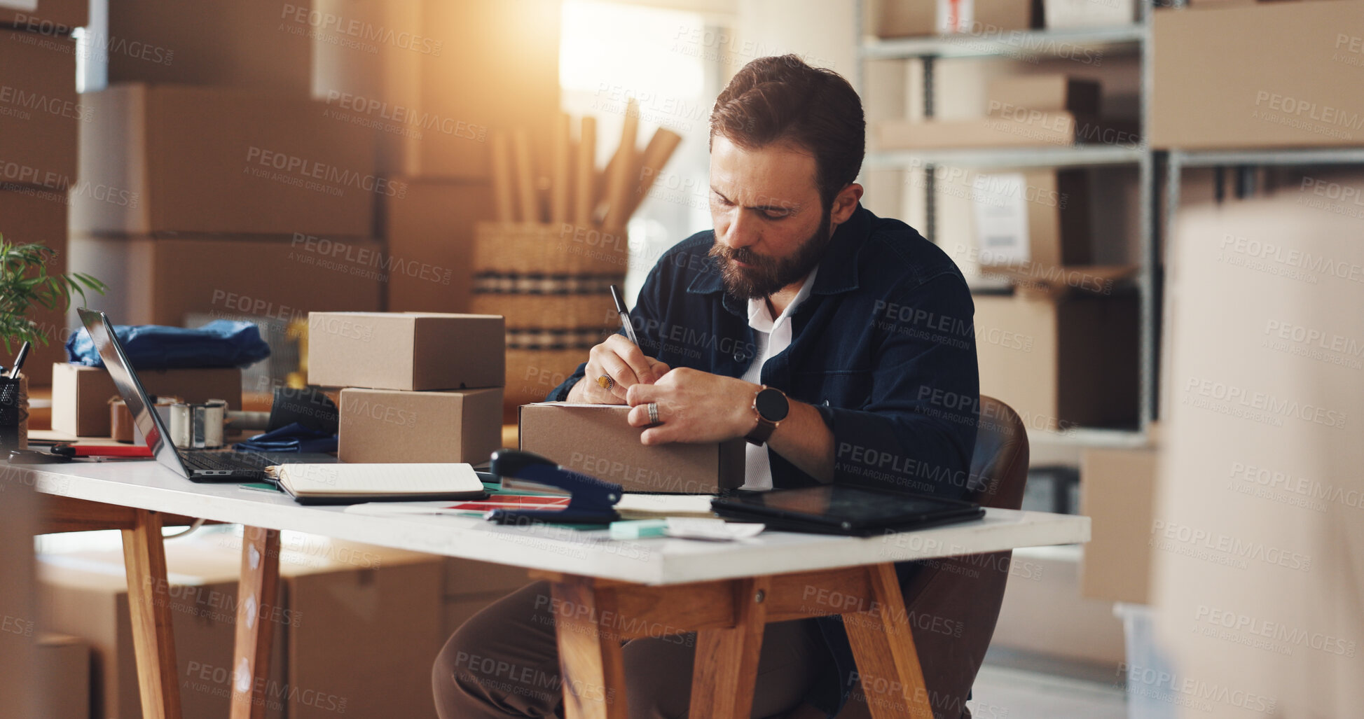 Buy stock photo Shipping, writing and man with box for supply chain, distribution and delivery in warehouse. Invoice label, receipt information and person with package for production,  logistics and online order