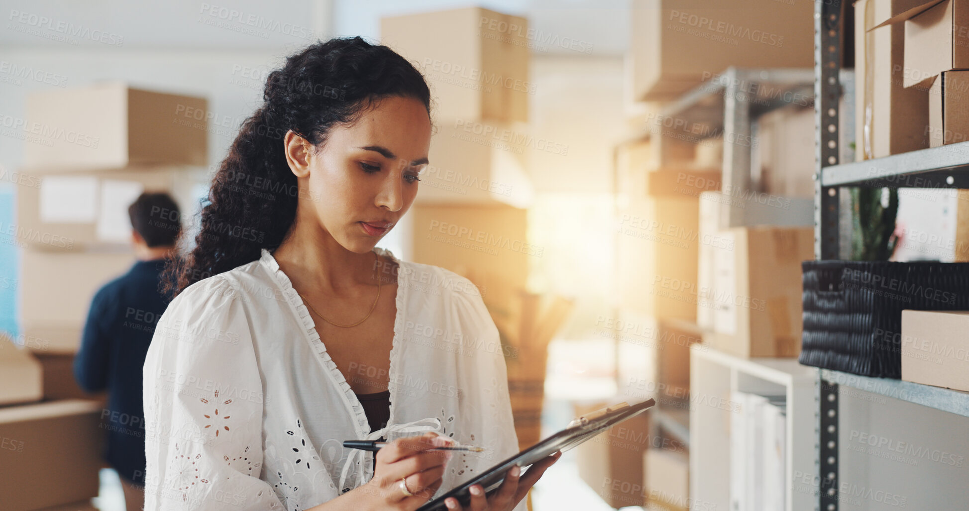 Buy stock photo Woman, box and writing on clipboard for distribution of checklist, inventory report and stock shipping. Female person, document and ecommerce with logistics, review supply chain and package delivery