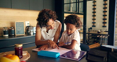 Buy stock photo Mother, homework and child learning with books in kitchen for education support, math assessment and helping. African family, student and notebook with lesson, knowledge development and study in home