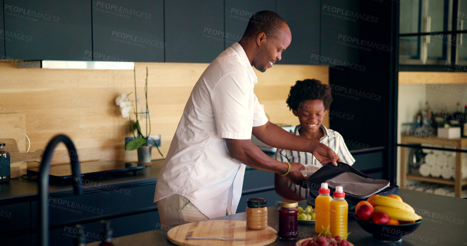 Buy stock photo Backpack, lunch and dad with child in kitchen getting ready for morning routine, start day and back to school. Family, home and father with boy with bag for education, development and lesson in house