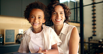 Buy stock photo Mother, hug son and portrait in home, family security and connection in relationship for love. Mommy, happiness and support with childcare in kitchen, embrace boy and gratitude for parent protection