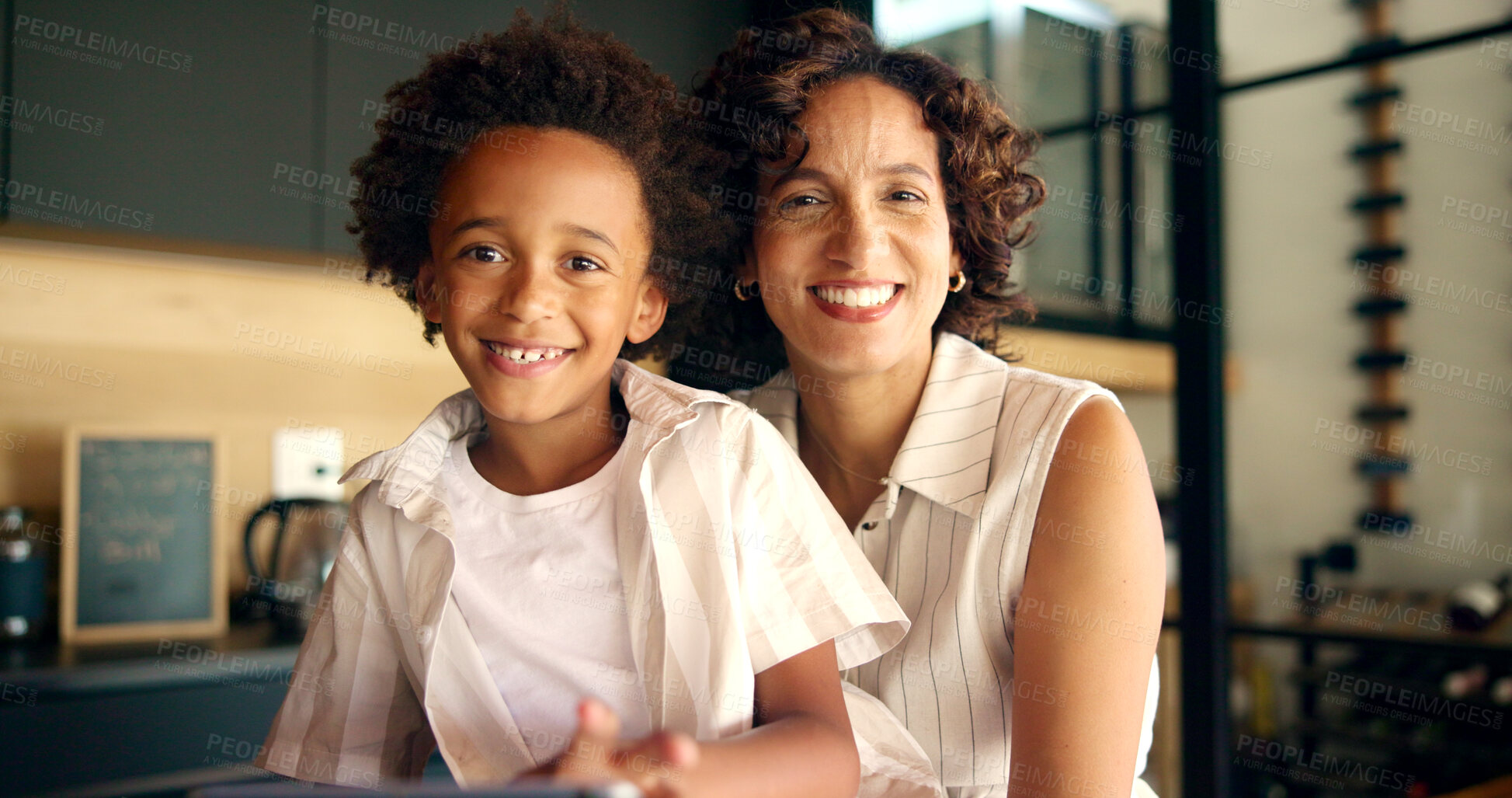 Buy stock photo Mother, hug son and portrait in home, family security and connection in relationship for love. Mommy, happiness and support with childcare in kitchen, embrace boy and gratitude for parent protection