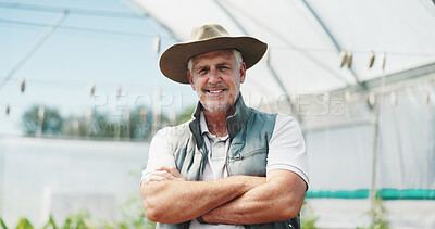 Buy stock photo Mature man, smile and arms crossed in greenhouse, farming and growth with sustainability in summer. Person, happy and portrait with food production, agriculture and nursery for vegetables in Spain