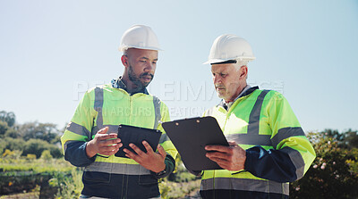 Buy stock photo Outdoor, business people and clipboard with tablet for engineer, project development and research. Men team, contractor and mature architect with reading for construction, inspection and checklist