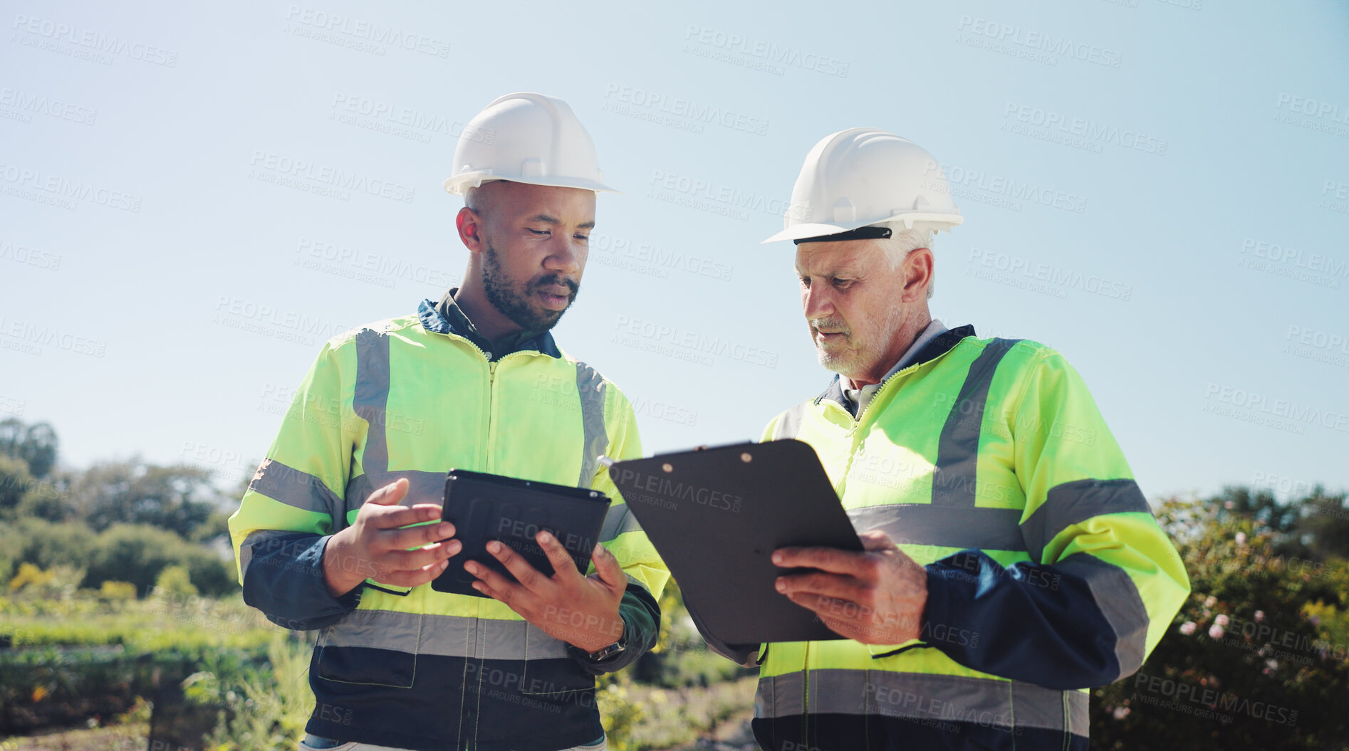 Buy stock photo Outdoor, business people and clipboard with tablet for engineer, project development and research. Men team, contractor and mature architect with reading for construction, inspection and checklist