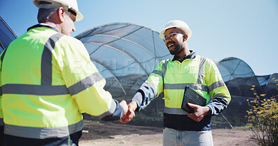 Buy stock photo Outdoor, tablet and business people with handshake for architecture, project development and agreement. Teamwork, men and contractor with shaking hands for welcome, partnership and digital contract